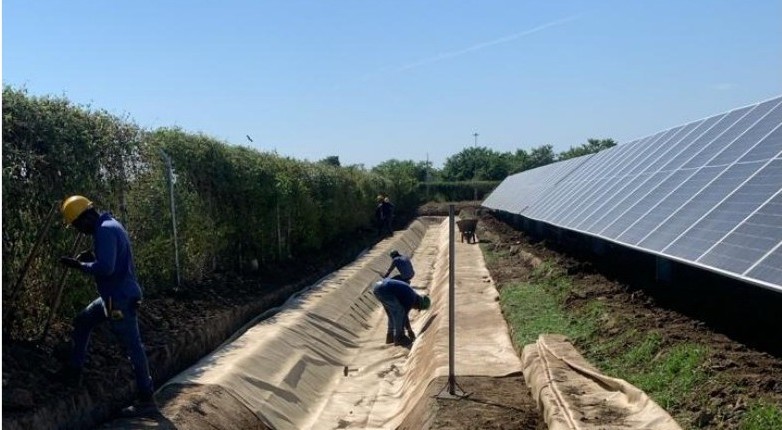 Cuadrillas ejecutando obras de drenaje junto a los paneles del parque solar Caimán Cienaguero