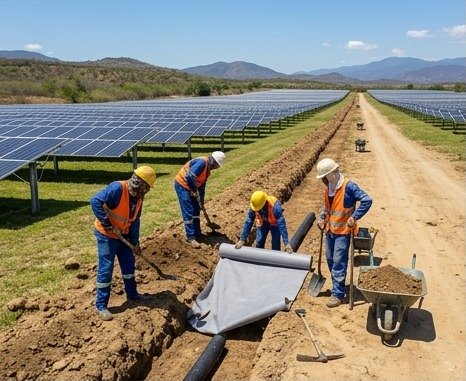 Cuadrilla revistiendo con geotextil una zanja de drenaje junto a los paneles solares