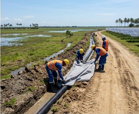 Trabajadores instalando tubería de drenaje junto a un parque solar
