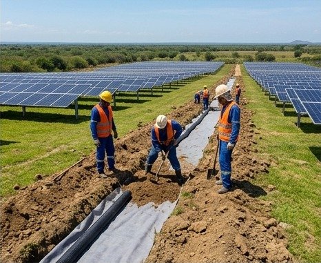 Cuadrilla ejecutando obras de drenaje entre filas de paneles solares