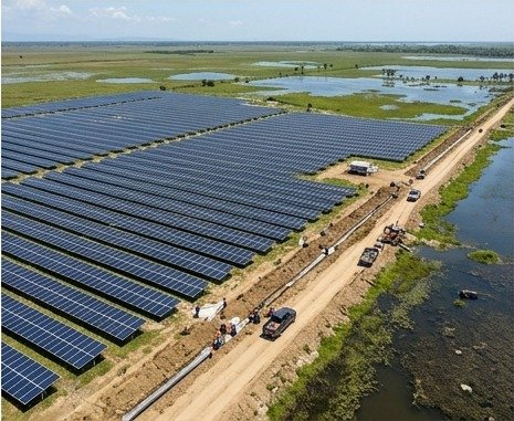 Vista aérea del avance de obra civil junto a los paneles de un parque solar