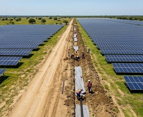Vista aérea de una zanja de drenaje ejecutada entre las filas de paneles de un parque solar