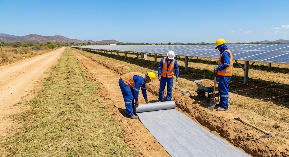 Cuadrilla instalando geotextil en una zanja de drenaje junto a los paneles de un parque solar