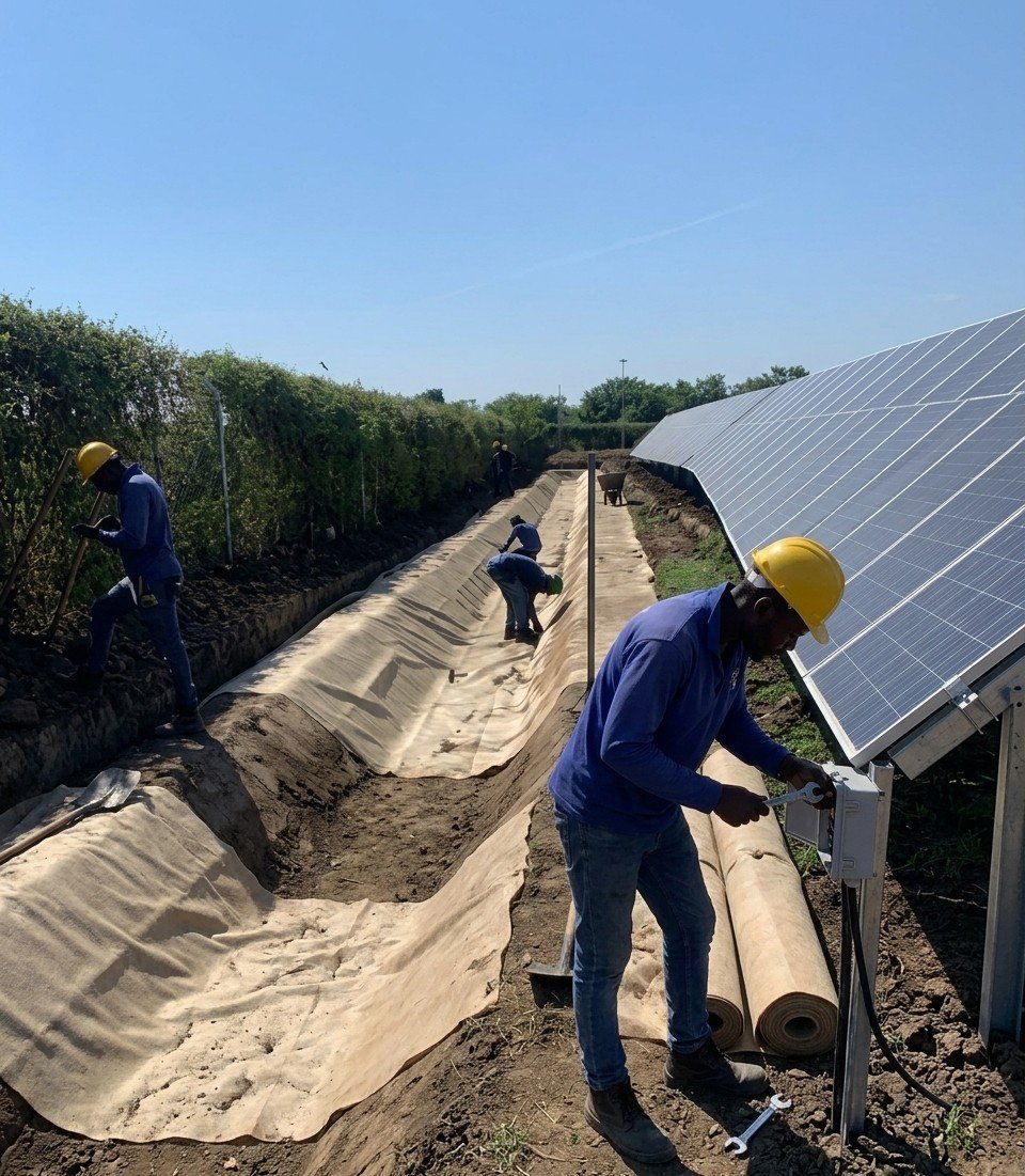 Cuadrilla instalando geotextil junto a los paneles del parque solar Caimán Cienaguero